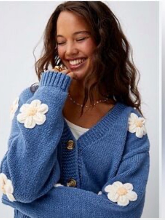 Simons Sweaters - Simons Blue Cardigan Sweater with Cream Daisy Appliqués